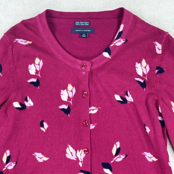 Tommy Hilfiger Sweaters - Tommy Hilfiger Womens Pima‎ Cotton Floral Cardigan Sweater Burgundy Wine Small